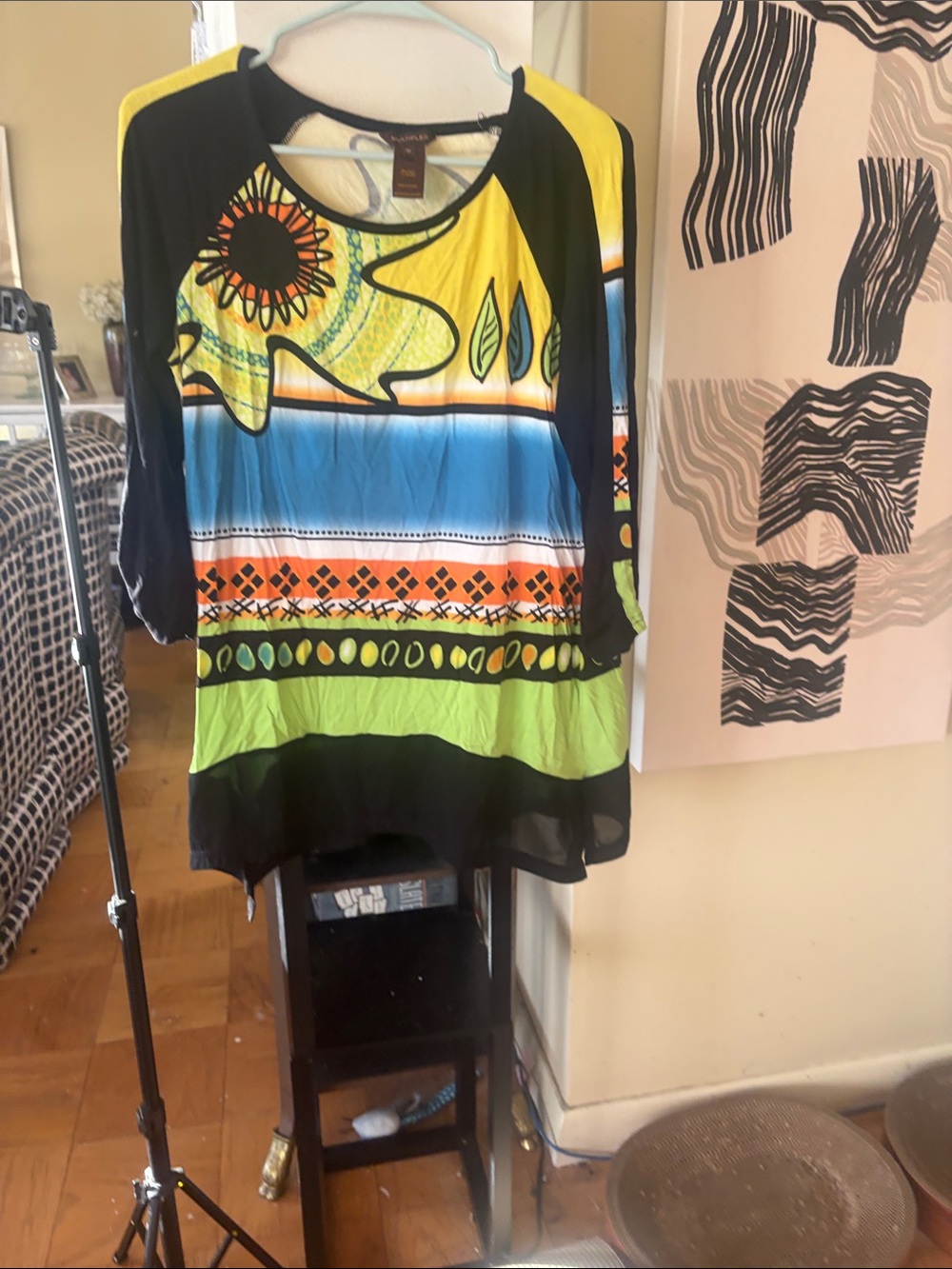 Multiples Yellow Blue Green Floral Colorblock Tunic